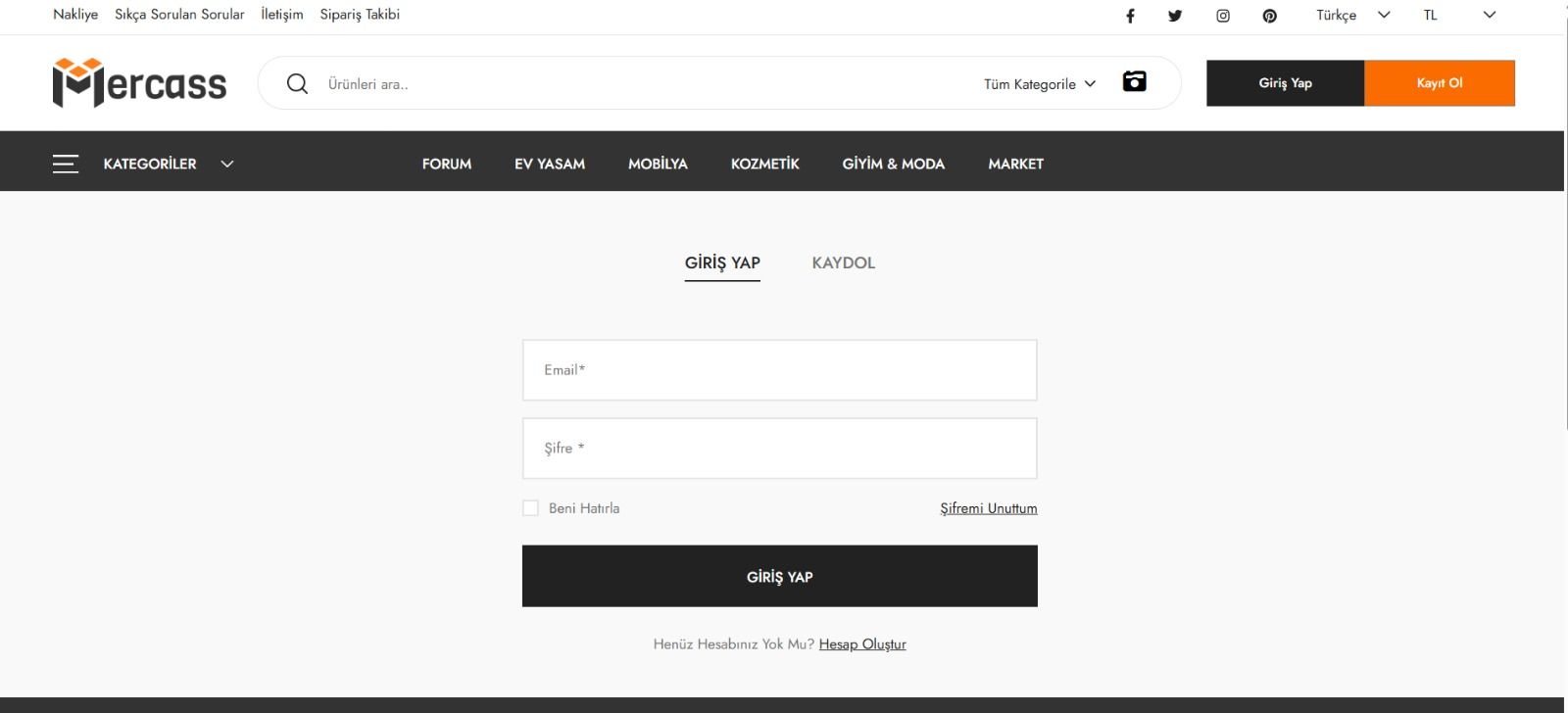 Mercass Giriş Ekranı